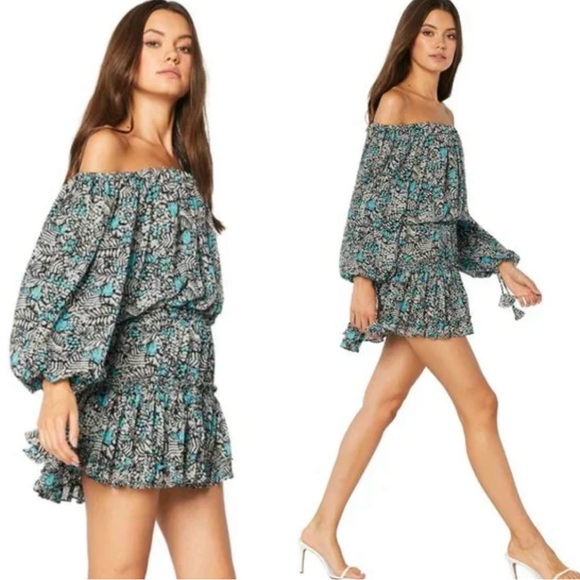 Misa‎ Los Angeles Zonia Black Blue Printed Mini Dress Off the Shoulder Ruffle XS - Picture 1 of 11